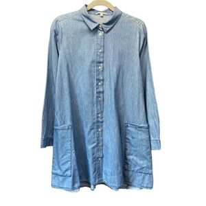 Veveret Chambray Denim Pocket Long Sleeve Button Front Oversized Mini Dress Sz S